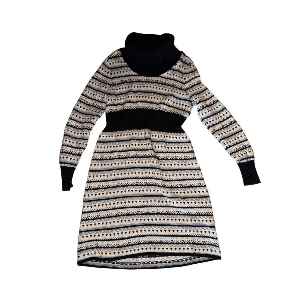 Boston Proper Fair Isle Cowl Neck Sweater Dress Black Gray Cream Size M